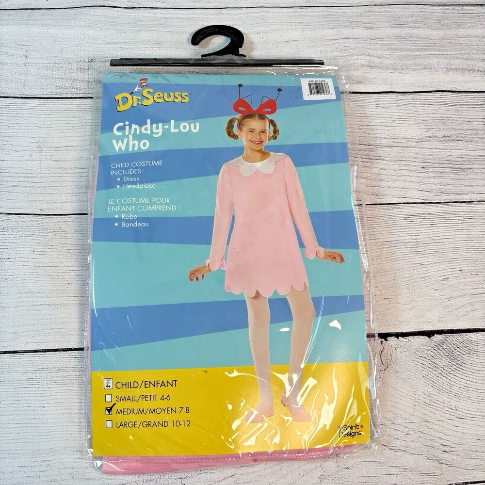 Cindy Lou Who Childs Costume Sz 7-8 M Dress Headpiece Dr Seuss Cosplay NEW